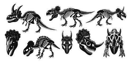 Dinosaur skeleton woodcut, triceratops silhouette, vector prehistoric fossil icon, reptor head, tattoo dino skull, Jurassic reptile engraving sticker, linocut print set © aura studio