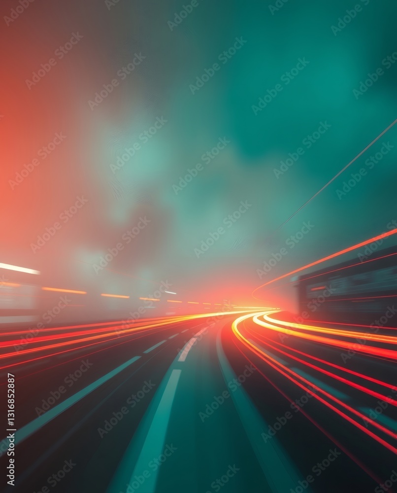 Poster an abstract image featuring glowing light trails on a road, suggesting motion and speed. the colors 
