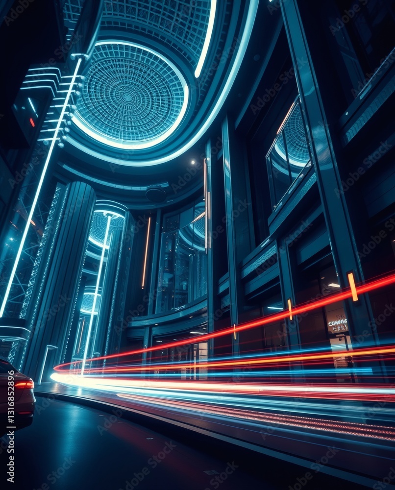 Poster futuristic architecture of a building, featuring a car's light trails