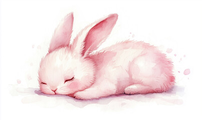 Watercolor painting of adorable fluffy pink chibi bunny sleeping. Children's room decor. Clean, soothing white background.