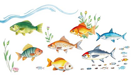 Fototapeta premium Colorful Fish Illustration Aquatic Life Pond River Ocean Underwater Scene Marine Animals Wildlife