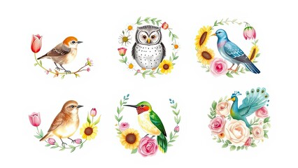 Obraz premium Watercolor Birds Floral Wreaths Spring Summer Nature Animals Flowers Owl Peacock Hummingbird