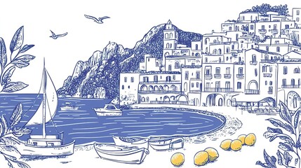 Italian amalfi or sicily summer vacation doodle style illustration set. Vector ink hand drawn Italy coast sea, beach and lemons elements. Sea weekend collection for invitations, placards, posters.
