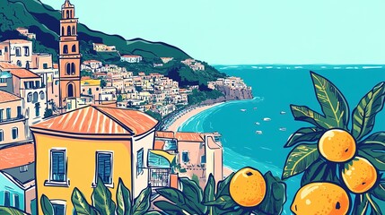 Italian amalfi or sicily summer vacation doodle style illustration set. Vector ink hand drawn Italy coast sea, beach and lemons elements. Sea weekend collection for invitations, placards, posters.
