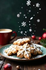 Snowflakes falling on a plate of Christmas cookies, winter, cookies