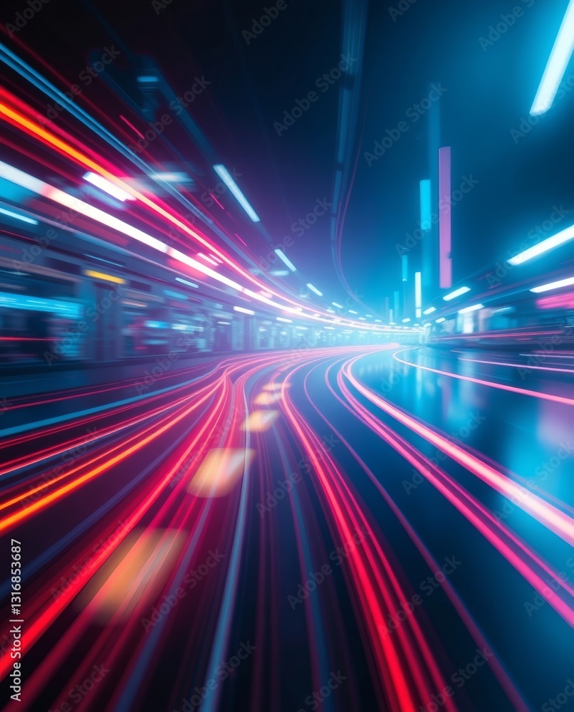 Poster abstract view of neon lights trail along a city road at night, creating a sense of speed and motion.