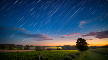 Obraz premium A sky full of shooting stars streaking across the horizon over a tranquil countryside.