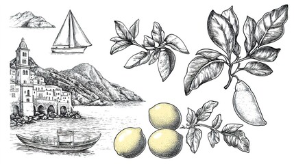 Italian amalfi or sicily summer vacation doodle style illustration set. Vector ink hand drawn Italy coast sea, beach and lemons elements. Sea weekend collection for invitations, placards, posters.