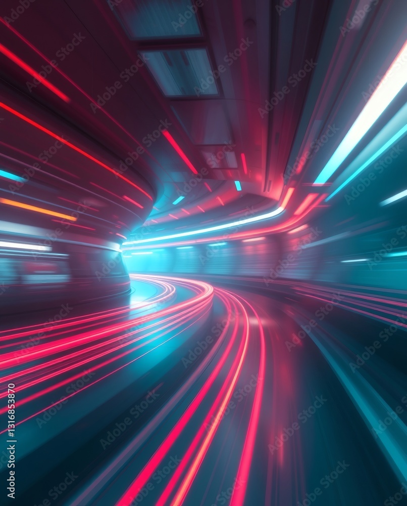 Poster futuristic tunnel with vibrant lights, creating a sense of speed and technology. the tunnel has blue