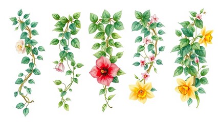 Floral Vines Hibiscus Daffodil Rose Spring Botanical Illustration
