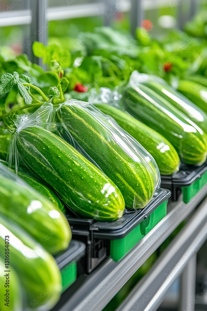 Poster innovative technology showcases an automated line wrapping cucumbers in plastic within a factory set