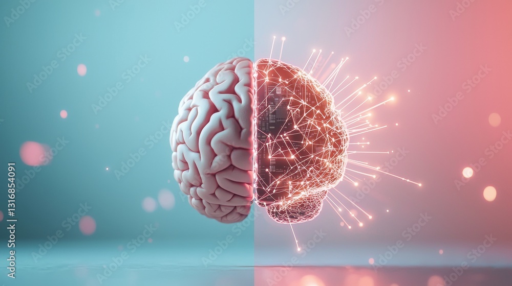 Poster a split view of a human brain and a computer chip, interconnected by glowing lines, symbolizing the 