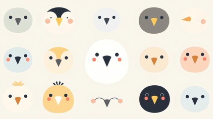 a collection of cute bird faces in various colors and expressions. These adorable illustrations would be perfect for children's books, designs, or social media.