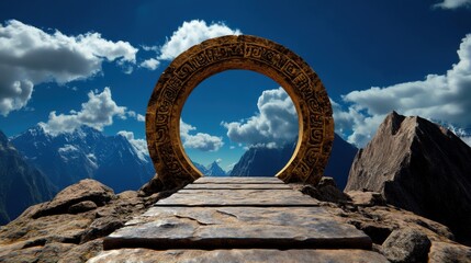 Majestic Portal Set Against Majestic Mountains and Clouds in a Breathtaking Landscape