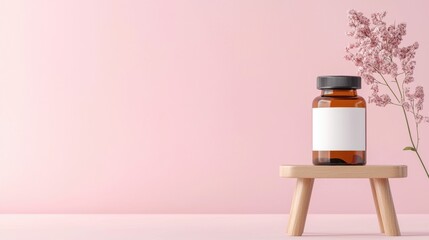 A single vitamin bottle with a blank label, placed against a neutral background, offering a customizable template for branding and product mockup purposes.