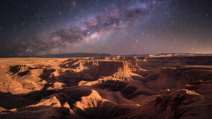 Obraz premium A sprawling canyon with the stars above casting shadows on the jagged rocks below.