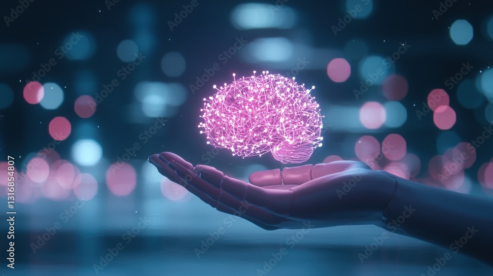 Poster a robotic hand holding a glowing abstract brain, representing the development of artificial intellig