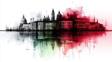 Obraz premium Stylish modern designed skyline silhouette of the city of Venice, with attractions and famous places, in the colors of the national flag. Tourism concept.