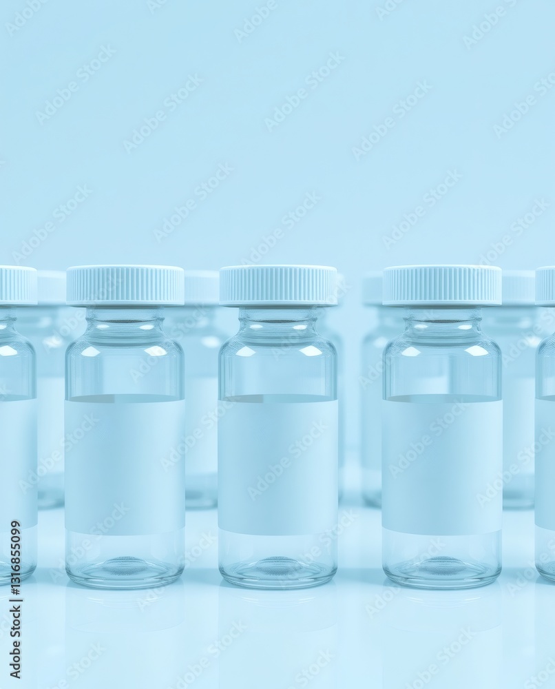 Poster a collection of glass vials arranged neatly, filled with a clear liquid and a clean label. these via