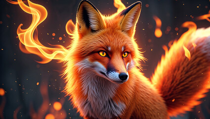 Dramatic Stylized Fox with Flaming Fur and Bokeh Light Effects in a Mystical Night Scene