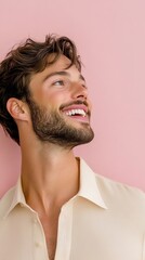 Fototapeta premium Elegant Man mid laugh with eyes squeezed shut and mouth wide open joyful and uncontrollable giggling moment candid and energetic 