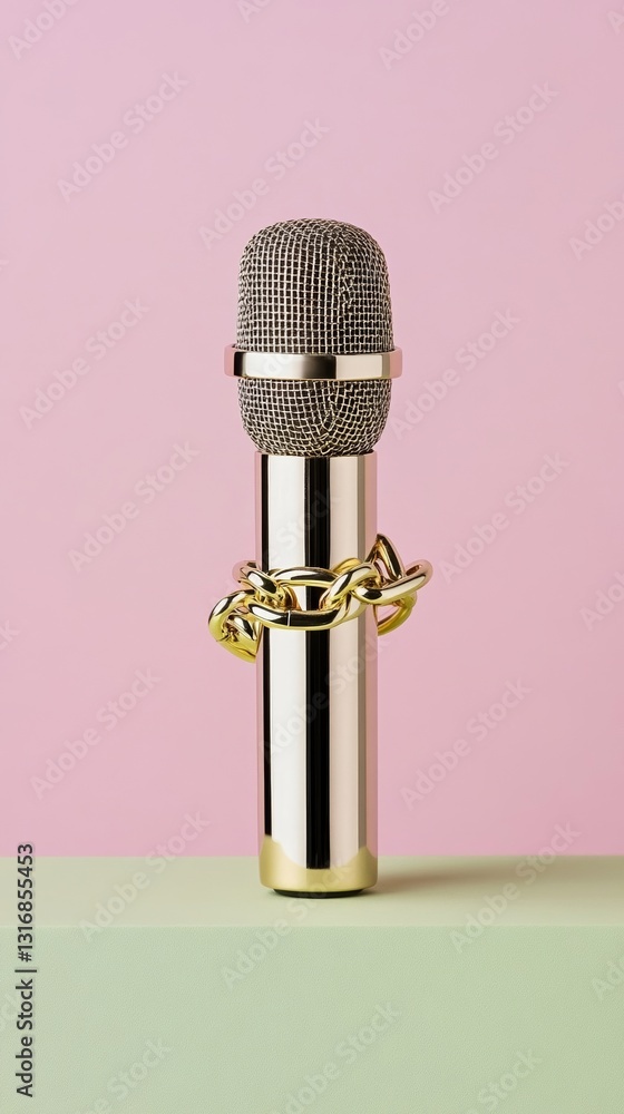 Poster elegant microphone wrapped in chains breaking free symbolic of the fight against press suppression w