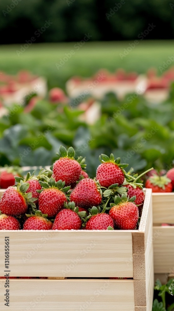 Aufkleber elegant morning scene of a strawberry field covered in dew as workers walk between rows filling crat