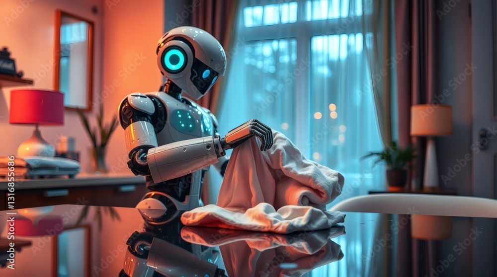 Poster a robot tidying up laundry in a cozy home environment. The robot has a sleek, modern design and is focused on its task