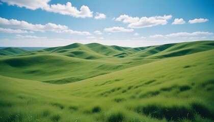 Vibrant green hills under a radiant blue sky, creating a peaceful landscape