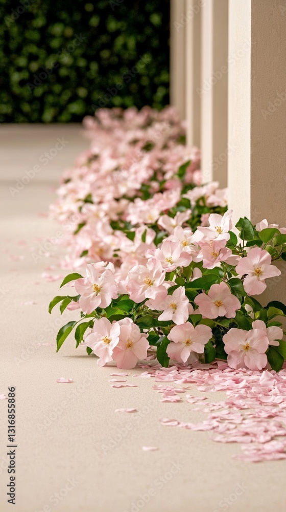 Aufkleber elegant pathway winding through a spring apple orchard trees in full bloom on both sides with fallen