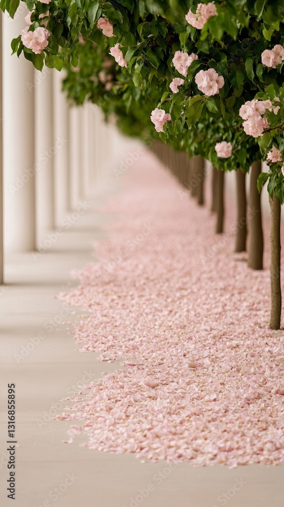 Aufkleber elegant pathway winding through a spring apple orchard trees in full bloom on both sides with fallen