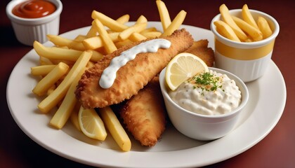 Crunchy battered fish with golden chips, served with tartar sauce and lemon