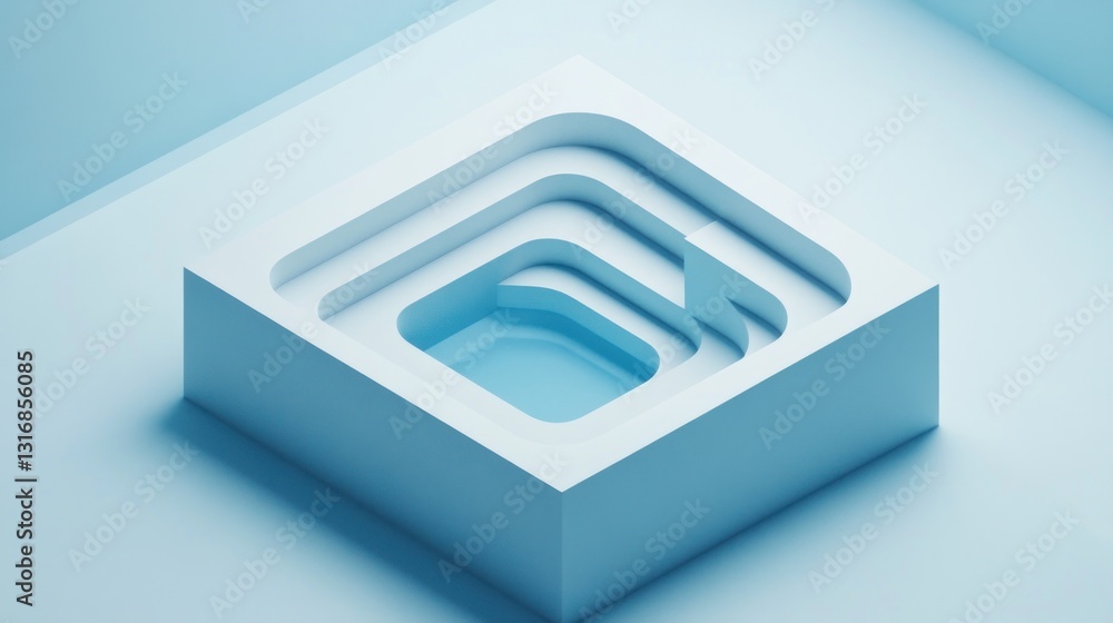 Poster abstract 3d rendering of a square-shaped recessed design with layered, concentric cutouts creating a