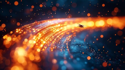 Fototapeta premium Orange fiber optic cable segments with glowing streaks closeup photography