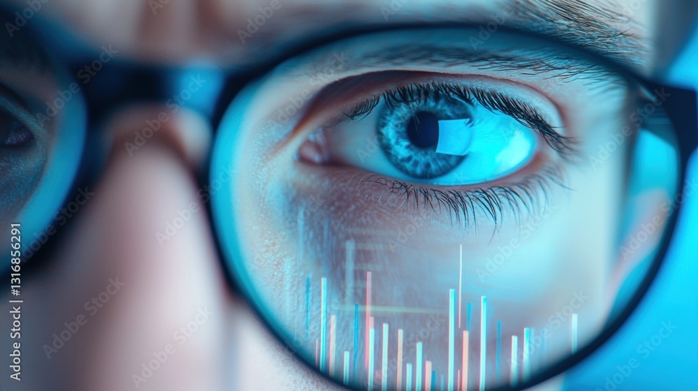 Poster a close up shot of a financial analyst reviewing a report with detailed bar graphs and charts, using