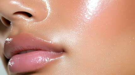 Close up of glossy pink lips and smooth skin with dewy, luminous finish showing natural beauty and skincare results for cosmetic and beauty industry.
