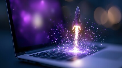 Glowing rocket launches from laptop keyboard with purple sparkles and magical light effects against dark background, symbolizing digital startup and innovation.