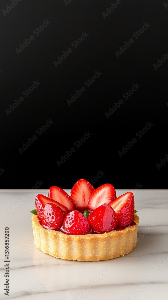 Poster elegant strawberry tart with a golden crust topped with glazed strawberry slices arranged in a perfe