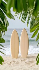 Elegant Surfboards propped up in the sand with waves rolling in behind them surf school or adventure beach holiday concept laid back vibes 