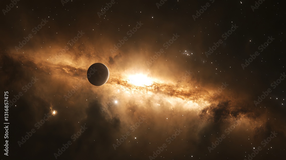 Poster dark planet orbiting a bright nebula in deep space.