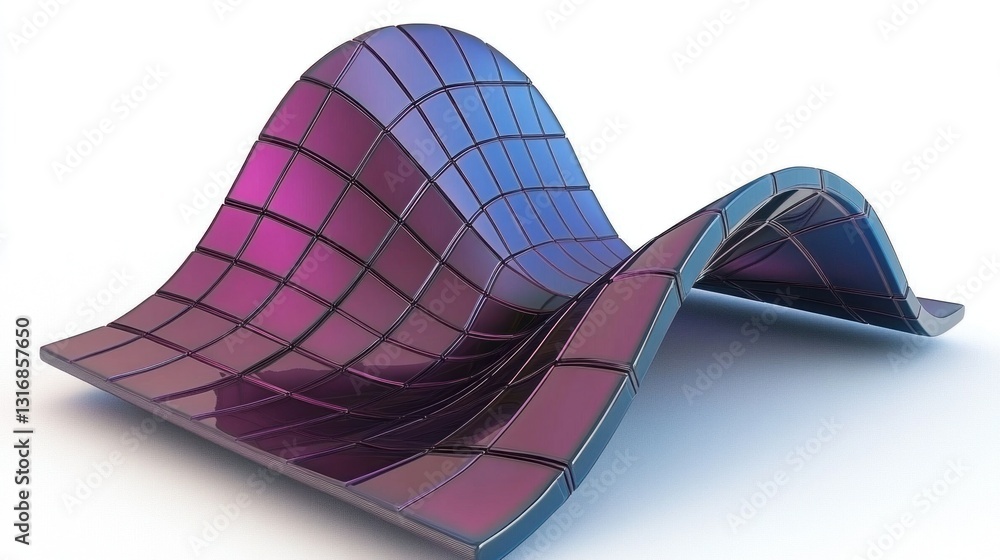 Poster abstract 3d rendering of a wavy, gridded surface with purple and blue metallic texture.