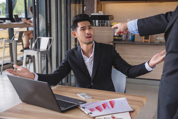 Recession Stress business teams meeting work hard at home office headache, depressed from failure over burdened. Tired Asian team business people despair stress overworked pain problems frustration