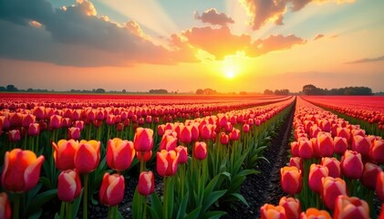 Tulip and mimosa fields stretching towards sun, flora, flowers