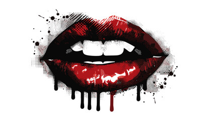 Vector female vampire lips, dripping blood, Halloween collage, monster fangs, licking mouth, halftone design, vector illustration, isolated on transparent background