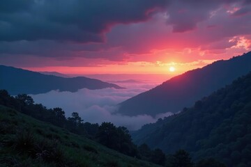 Obraz premium Twilight hour with dark clouds and misty veil over the landscape, darkness, fog, gloomy