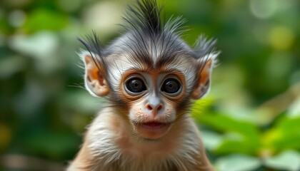 Fototapeta premium Close up of a baby monkey, bright eyes, messy fur, set against a lush jungle with vibrant green leaves