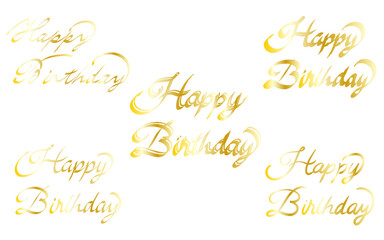 「お誕生日おめでとう」の手書き文字セット。カリグラフィー風。金色風グラデーションの豪華な文字。