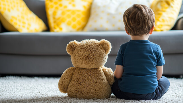 Autism Awareness: A Child and Teddy Bear Sitting in a Living Room Symbolizes Loneliness, Understanding, and the Need for Inclusion and Support