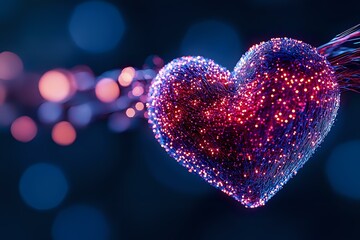 Obraz premium Glowing heart shape with sparkly red and blue particles against dark background with bokeh lights creates magical romantic atmosphere for Valentine designs.