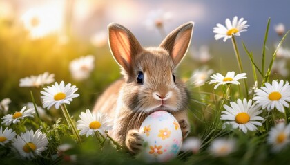 Cute Easter bunny peeking out from a patch of daisies, holding a tiny decorated egg in its paws. Soft pastel colors and gentle sunlight create a warm, festive, and joyful spring atmosphere.

